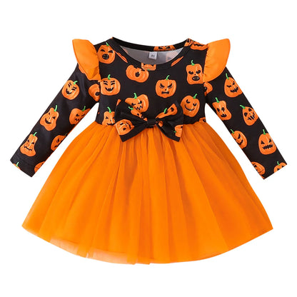 Prowow Baby Girl Halloween Dresses Long Sleeve Orange Pumpkin Dress For Girls Toddler Halloween Costume Festival Party Dress