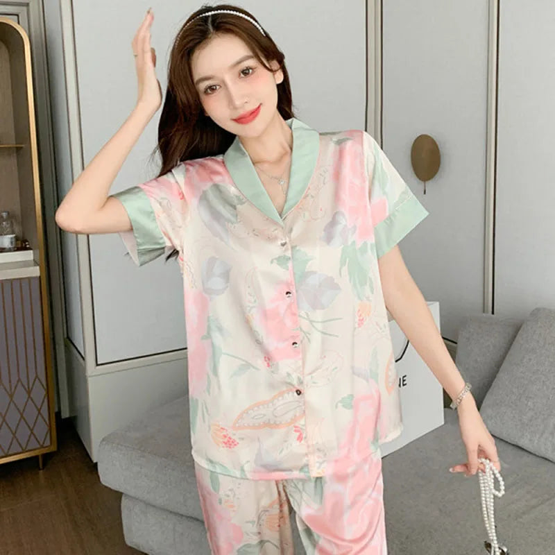 Woman Pijamas Short Sleeve Long Trousers Loose School Home Wear 2PCS Set Lotus Cardigan Lapel Trousers Sleepwear Girl Loungewear