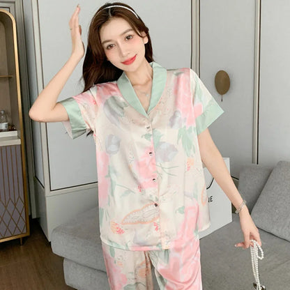 Woman Pijamas Short Sleeve Long Trousers Loose School Home Wear 2PCS Set Lotus Cardigan Lapel Trousers Sleepwear Girl Loungewear