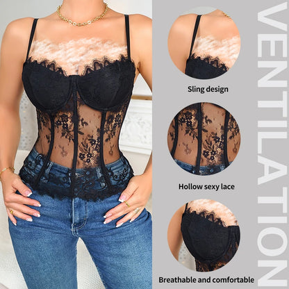 Women's Sleeveless Tight Fitting Tank Top Women's Lace Transparent Fish Minimalist Bra Black Sheer Lace Tight Fitting Bra