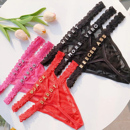 Customized Crystal Shining Letter Thongs Women's Sexy Lace Bikini Waist Chain Underwear Girl's Birthday  Gift Hot Wife Briefs