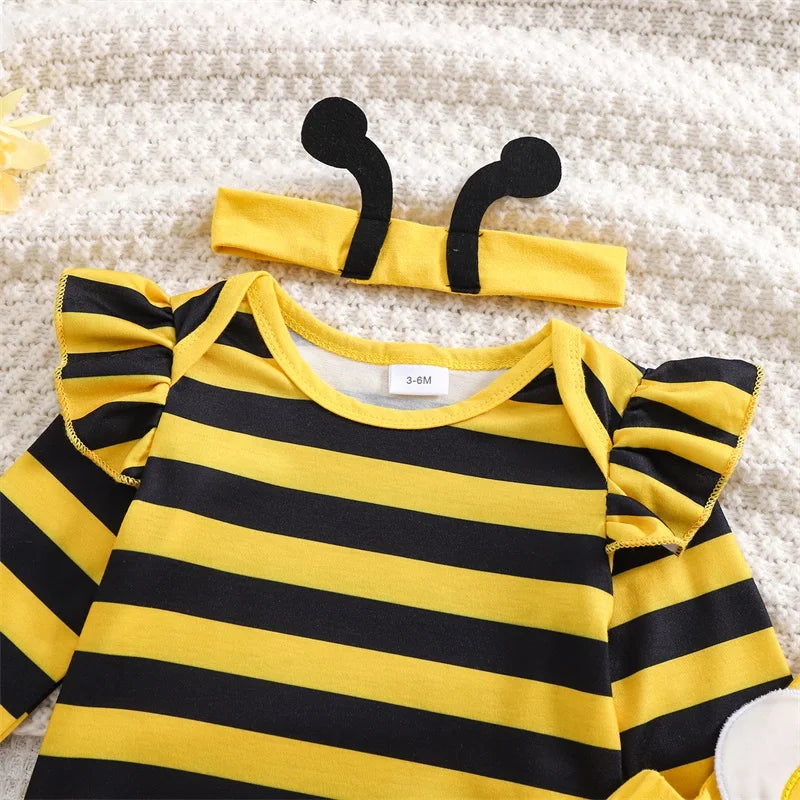 Cute Baby Girls 3 Pieces Sets Striped Long Sleeve Romper Bee Patch Long Flare Overalls Hair Band Outfits Costume