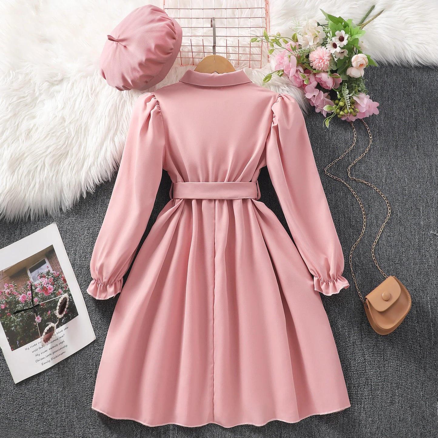 Tween Girls Stylish & Casual Long Sleeve Solid Colored Button Up Lapel Collar Dress With Belt & Pockets For Fall & Winter Outdo