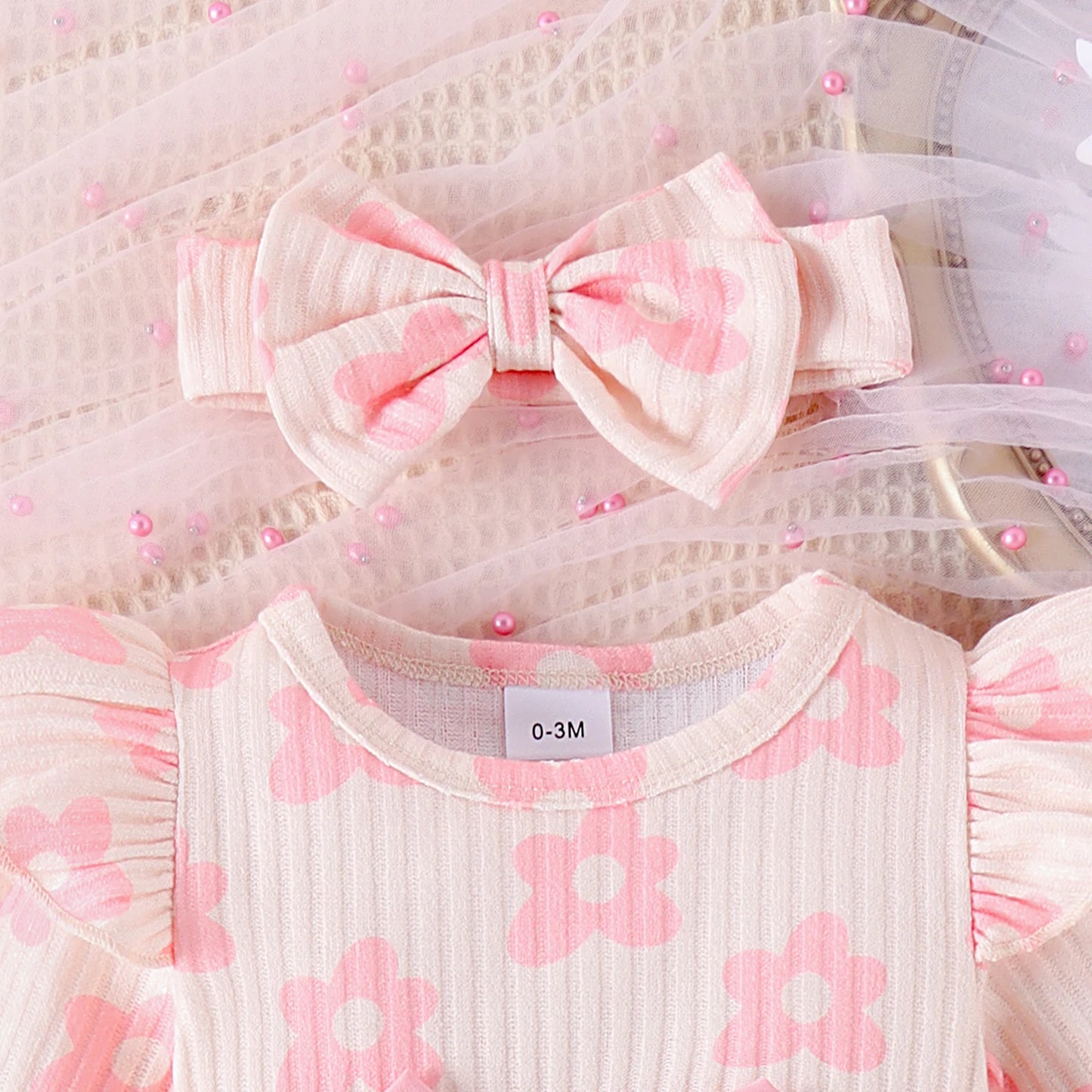 2PCS Autumn New Style 0-1 Year Old Girl Baby Sweet And Cute Round Collar Printed Long-Sleeved Dress + Hair Band