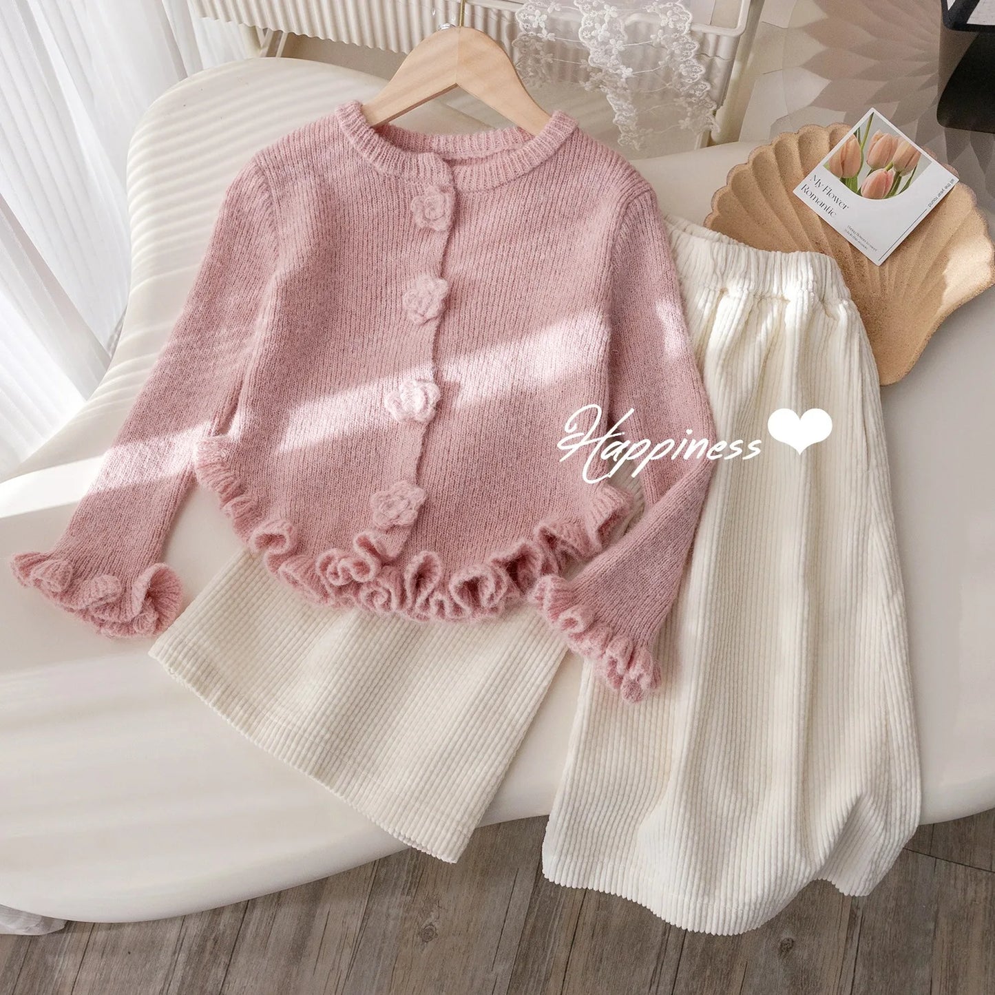 Girls Suit Korean Solid Color Sweater Knitted Spring and Autumn New Simple Straight Leg Slacks Set Baby Girl Clothes