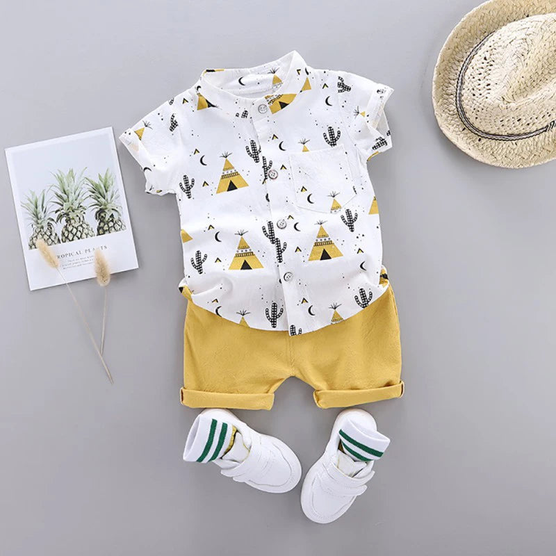 Summer Children Set for Boy 1-3Y Cartoon Print Shirt+Solid Short Baby Toddler Casual Cotton Soft 2-Piece Outfit Suit Kid Clothes