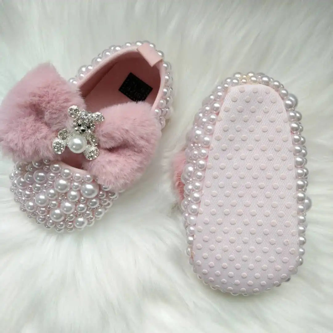 Dollbling Pink Furry Cute Bear Bow Bling Rhinestones Handmade Princess Newborn Baby Girl Shoes Wedding Party  Ballet DIY Infant