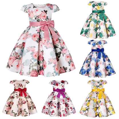 Seven Colours Flowers Girls Dress Summer Big Bow Fashion Christmas Princess Dress Birthday Party Gift 2-10 Years Kids Clothes