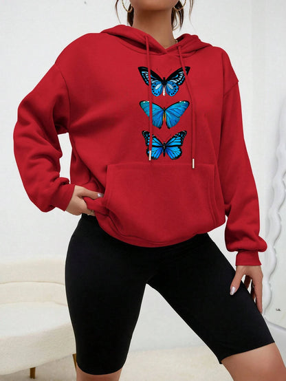 Creative Butterfly Design Print Women Hoodie New Street Casual Sweatshirt Fashion Fleece Hoody Pocket Comfortable Female Tops