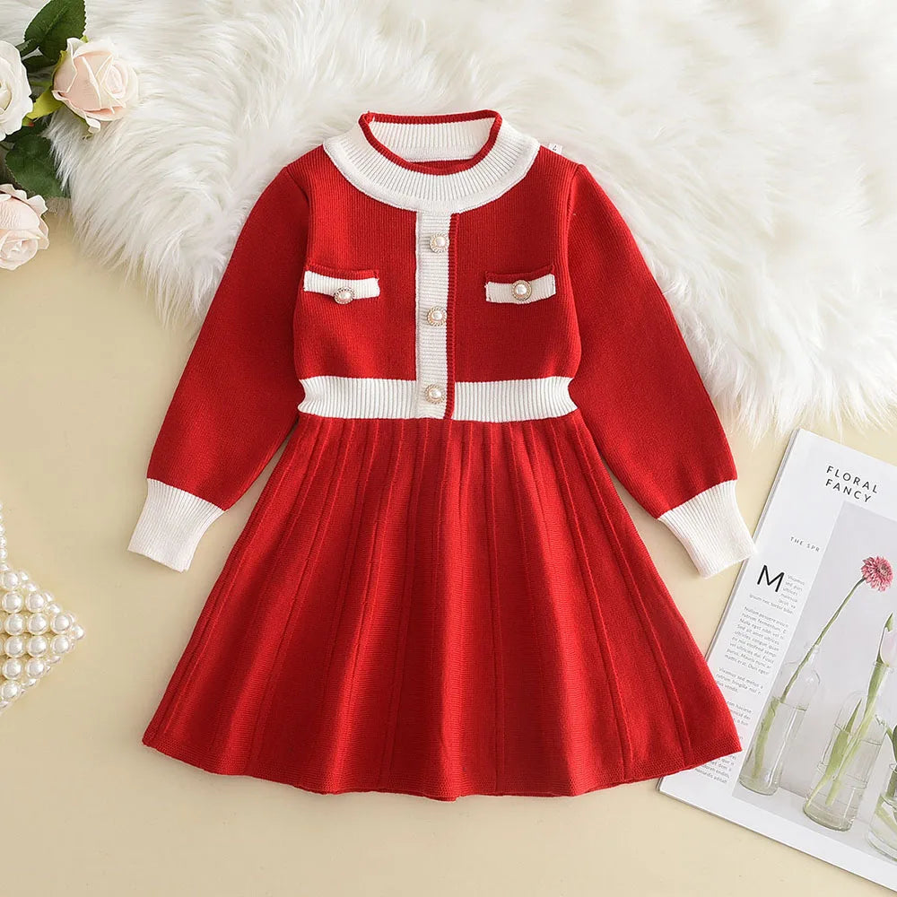 Bear Leader Winter New Year's Red Girl Knitting Wool Long Sleeve Splicing Dress Girl Baby Bow Fashion Dressses Christmas Clothes