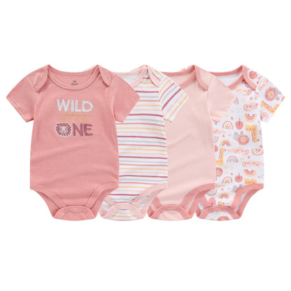 4/5PCS Cotton Bodysuits Print Newborn Baby Girl Clothes Short Sleeve Cartoon Baby Boy Clothes Set Solid Color Summer Bebes