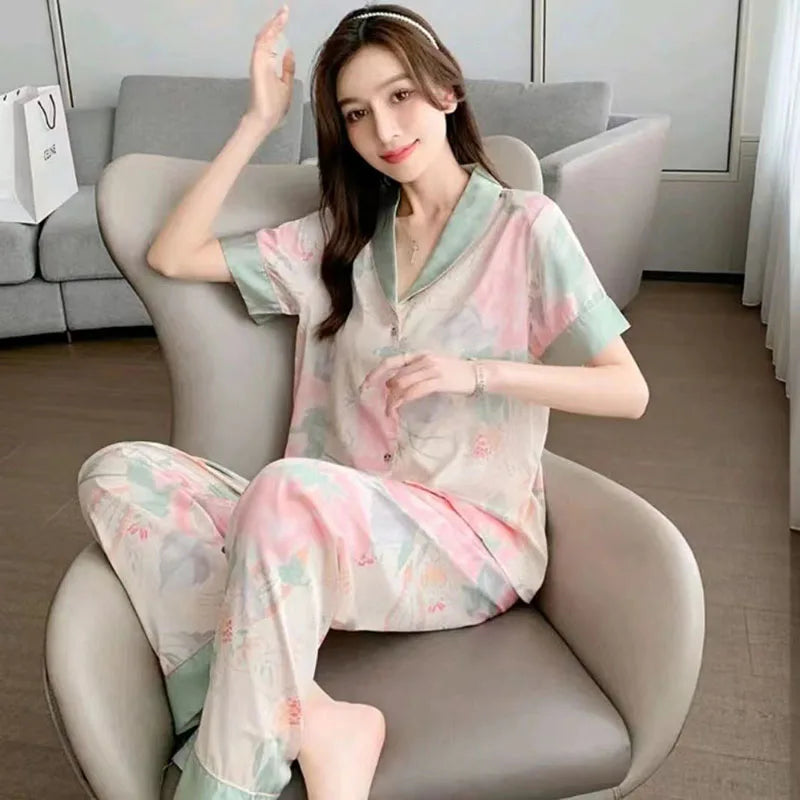 Woman Pijamas Short Sleeve Long Trousers Loose School Home Wear 2PCS Set Lotus Cardigan Lapel Trousers Sleepwear Girl Loungewear