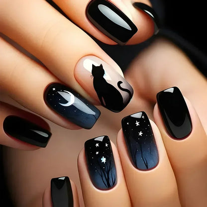 24Pcs Sweet Cool Press on Nails Short Square False Nail Gradient Glitter Line Fake Nails Full Cover Glossy Acrylic Manicure Nail