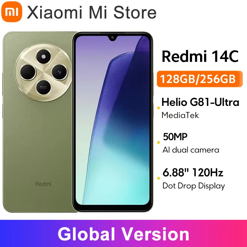 Global Version Xiaomi Redmi 14C Smartphone MediaTek Helio G81-Ultra HyperOS 50MP AI Dual camera 5160mAh 6.88" 120Hz Display