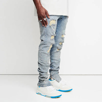 Men's Jeans Slim Cut Hole Leggings Pencil Pants New Men's Painted Jeans Streetwear Men Trousers Full Length Denim Pants