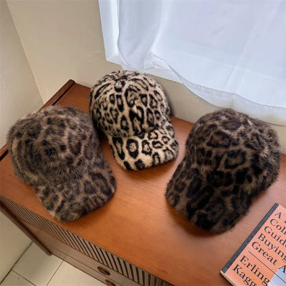 Leopard Print Baseball Cap Women Plush Faux Fur Keep Warm Winter Women's Cap Outdoor Vintage Snapback Hats For Women