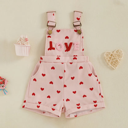 BeQeuewll Sweet Kids Girls Suspender Jumpsuit Romper Princess Heart Print Letter Embroidery Toddler Overalls Shorts Playsuits