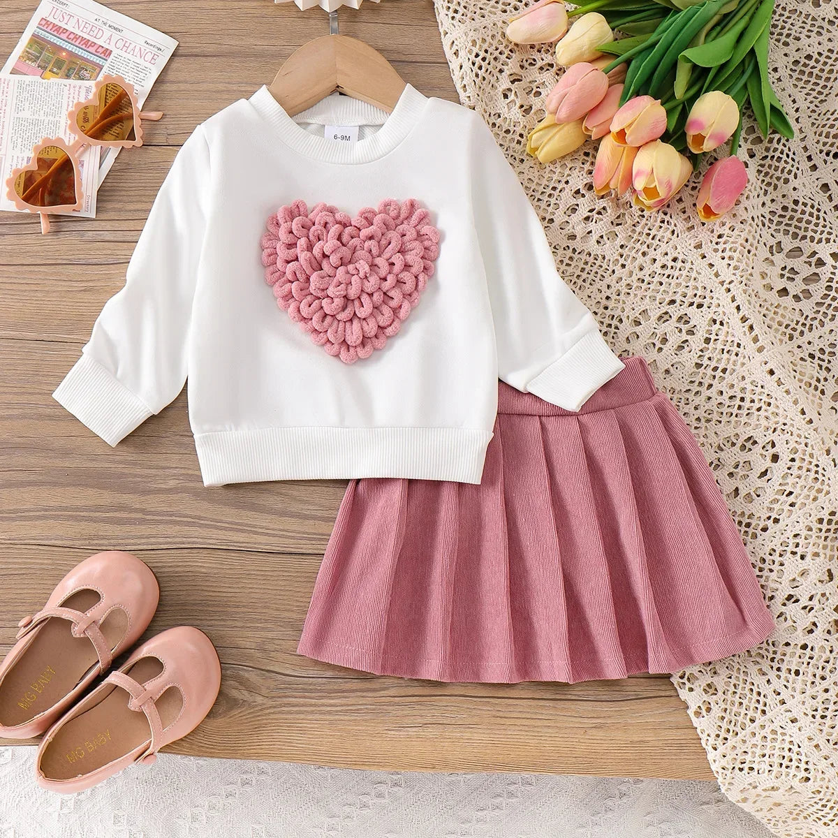 Ceeniu 0-3Y Baby Pink Heart Outfit Long Sleeve High Neck Pink Rose Top and Bow Skirt+Hat 3pcs Toddler Clothing Sets For Girl