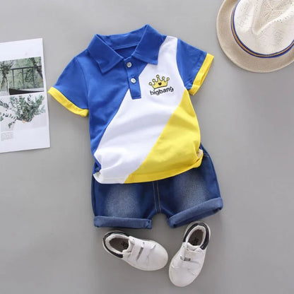 Boys Summer Shorts Set Lapel Patchwork Crown Short Sleeve Denim Shorts Two-Piece Set 0-6 Years Old Boys Children's Sets