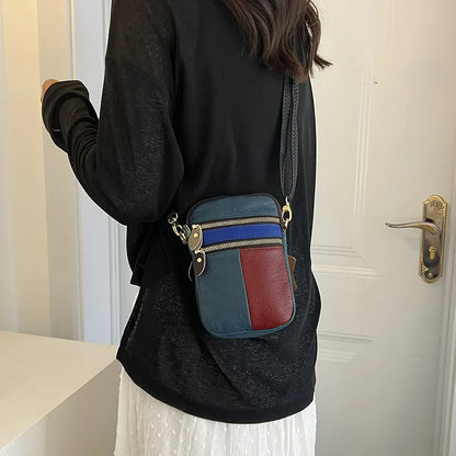 New Fashion Soft Leather Women Shoulder Bag Multi Zipper Soft Cowhide Girls Small Mobile Phone Bag Color Stitching Color Random