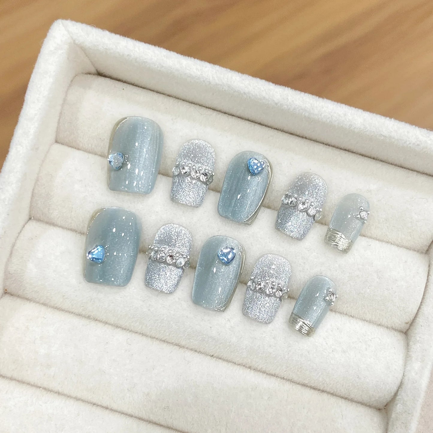 10Pcs Short Handmade Cute Press on Nails Sweet French Rhinestone