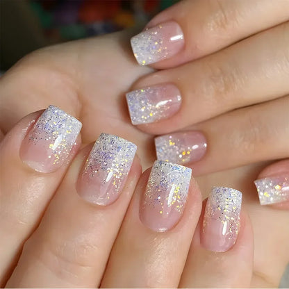 24Pcs Sweet Cool Press on Nails Short Square False Nail Gradient Glitter Line Fake Nails Full Cover Glossy Acrylic Manicure Nail
