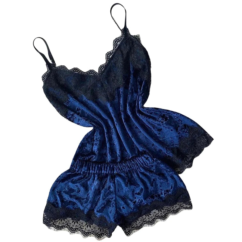 Women Pajama Suit Fashion V-Neck Stretch Satin Babydoll Lace Sexy Lingerie Bowknot Pyjamas Sleep Shorts 2 Piece Set Sleepwear