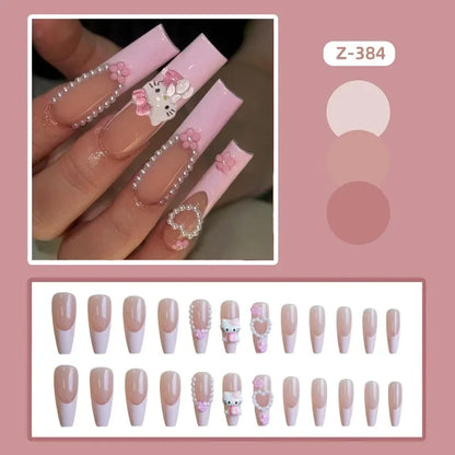 24Pcs Hello Kitty Y2K Fasle Nail Tips French Long Press On Nails 3D Cartoon Detachable Manicure Pearl Decoration For Sweet Girls