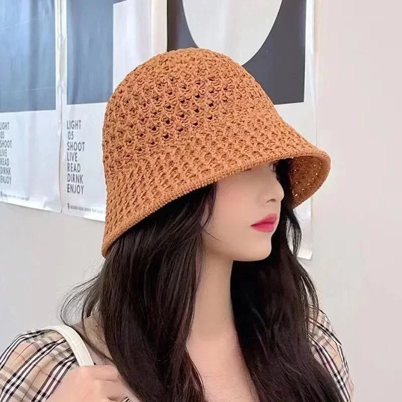 Handmade Crochet Floppy Summer Hats Collapsible Dome Bucket Hat Hollow Out Solid Color Beach Caps Simplicity Soft Women Hat