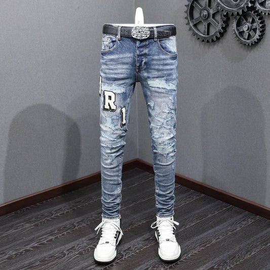 Designer street fashion men's jeans with elastic tight fit washed blue embroidery men's jeans hip-hop style pants hombre