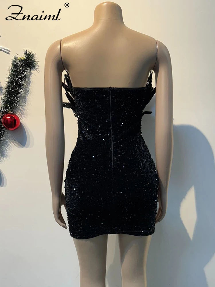 Women’s Feathers Sequin Strapless Deep V-neck Black Bodycon Mini Dresses