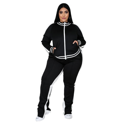 Plus Size L-5XL Two Piece Set Women Sweatsuit Zip Striped Top Slit Sweatpants Jogger Outfit Matching Set Wholesale Dropshipping