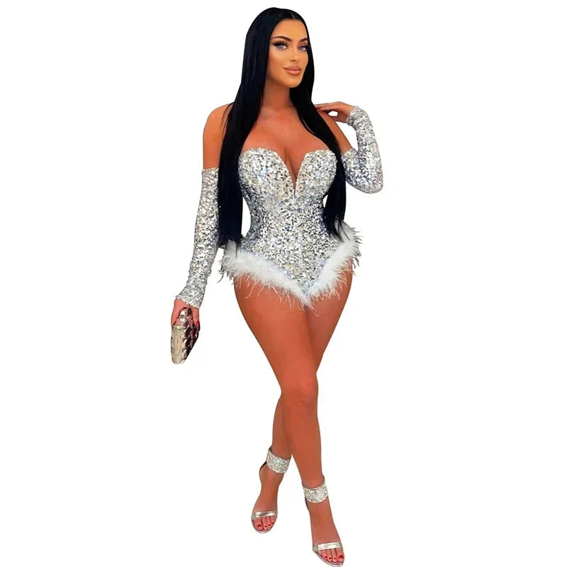 Sequins Splicing Feather Jumpsuit Women Sexy Backless Long Sleeve Slim Fit Chic Bodysuit