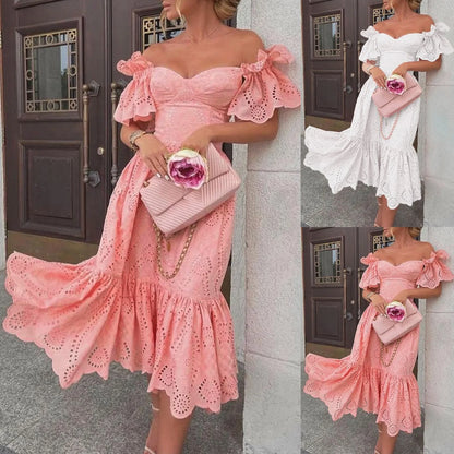 Sexy Off Shoulder Ruffled Dress Solid Hollow Out Dress Casual Slim Fit Party Dress Women Elegant Summer Dresses 2024 Vestidos