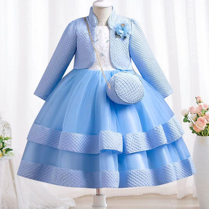 3-piece New Girls' Princess Dress Embroidered Long Sleeve Elegant Girls' Dress Children's Birthday Party Dress+Bag Set