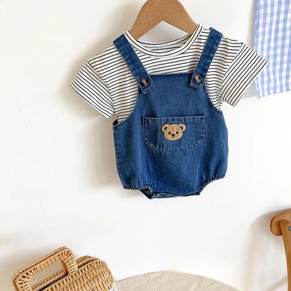 Summer Baby Clothing Set Newborn Girls Striped T-shirt and Denim Bodysuits 2Pcs Boys Cool Suits