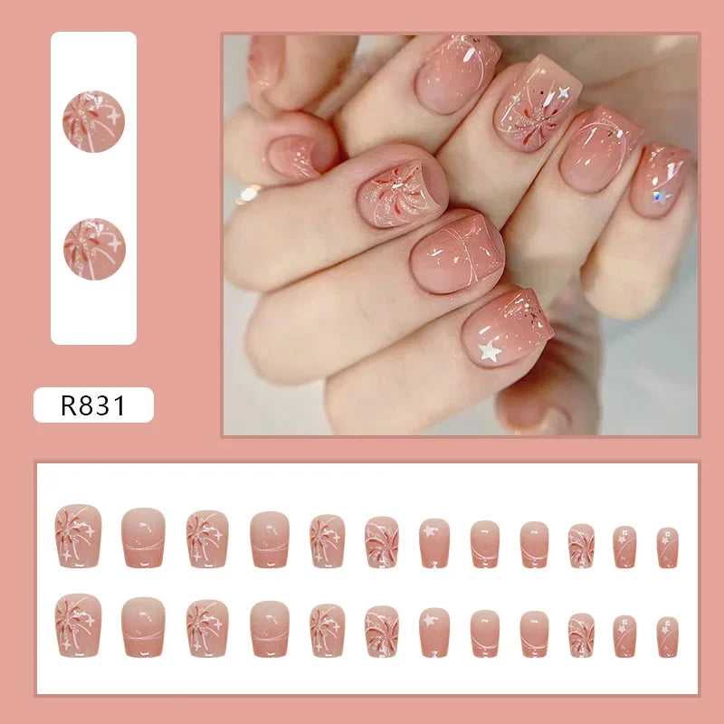 Vintage Camellia Wearable Pink Press on Fake Nails Tips with Glue False Nails Design Butterfly Lovely Girl False Nails