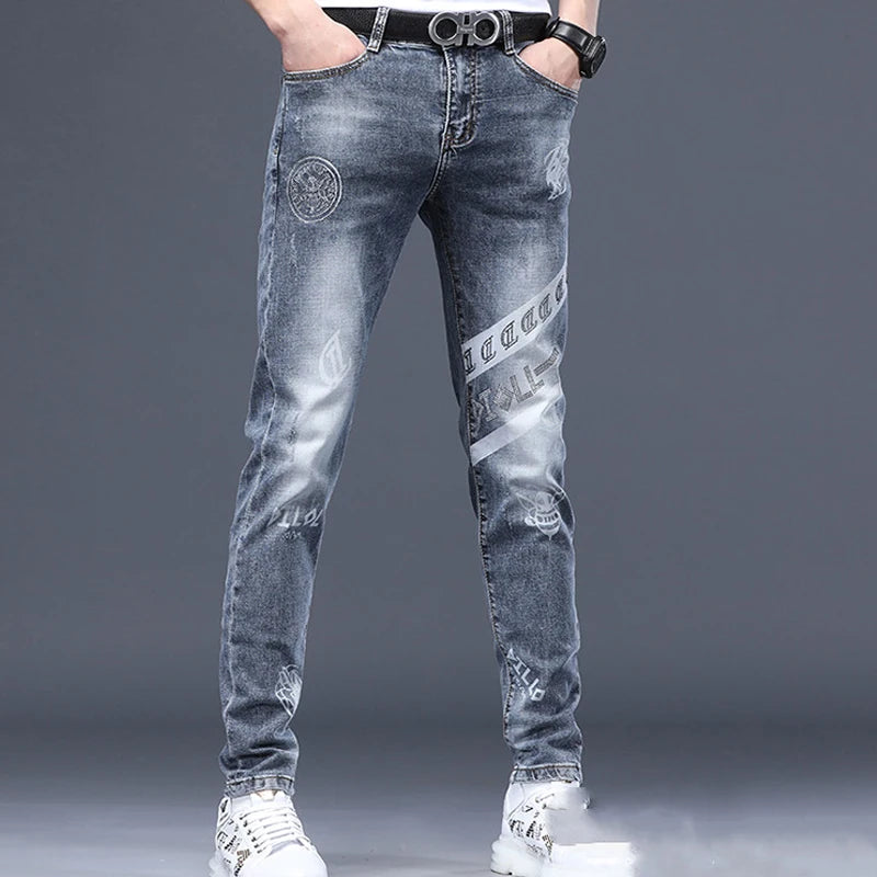 2024 Winter Mens Add Wool Thicken Jeans Mens Printed Casual Stretch Fleece-lined Denim Pants Male Jeans Daily Classical Trousers