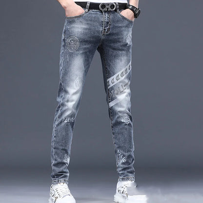 2024 Winter Mens Add Wool Thicken Jeans Mens Printed Casual Stretch Fleece-lined Denim Pants Male Jeans Daily Classical Trousers