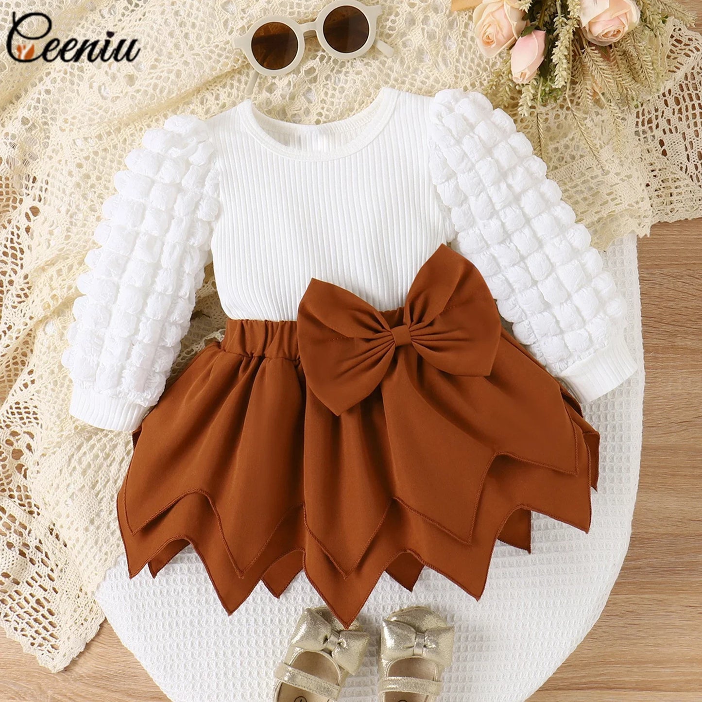 Ceeniu Baby Girl Outfit Sets For Newborn 3-24 Months Puffy Sleeve White T-shirt and Irregular Brown Skirt Toddler Girl Clothing