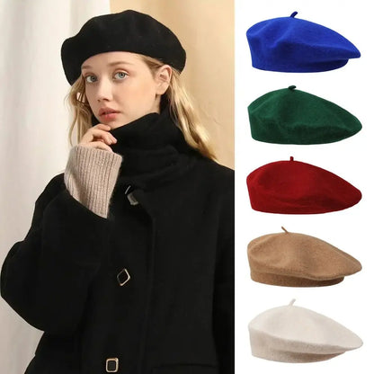 Autumn Winter Warm Wool Berets Hat Retro Elegant Plain Cap All Matched Solid Color French Artist Hat Lady