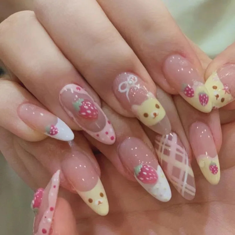 10Pcs Almond Press on Nails with Pink Strawberry Bear Design Acrylic False Nails Cute French Full Cover Nail Tips Summer Girl