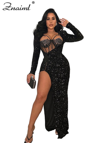 Znaiml Women's Luxury Celebrity Christmas Night Party Long Dresses Sexy Lace High Split Sequins Prom Evening Birthday Vestidos