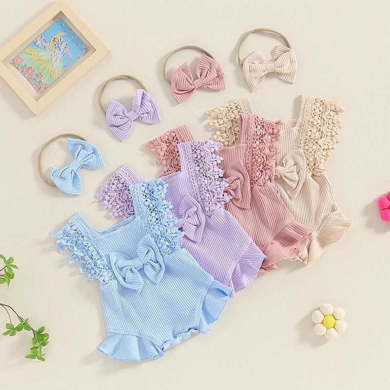 Tregren 0-18M Infant Baby Girls Summer Rompers Cute Lace Sleeve Round Neck Ruffle Bodysuits with Headband Casual Newborn Clothes