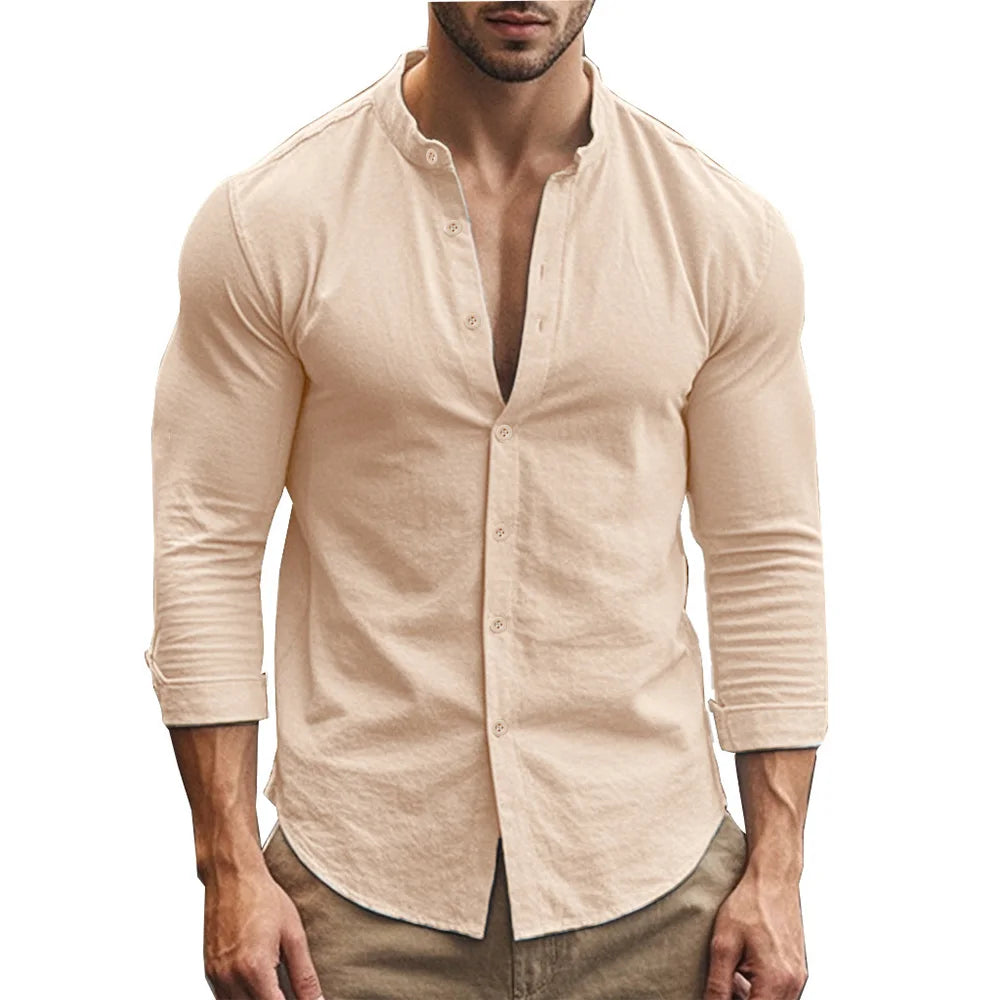 Men's Henry Shirts Cotton Linen Slim Fit Causal Hawaiian Solid Color Basic Style Spring Summer Breathable Men Clothing