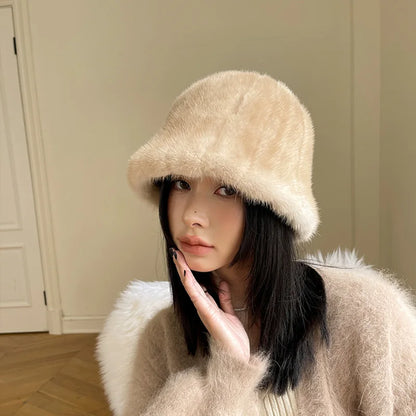 Women In Winter Warm Real Fur Mink Temperament Fisherman Cap Mink Fur Hat  Thicken  Warm Ear Protection Fashionable Basin Hat