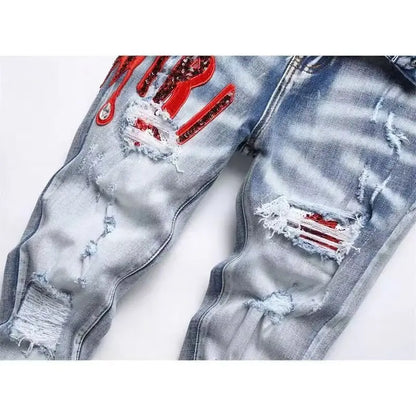 High Street Stretch Embroidery Men’s Jeans Ripped Streetwear Jeans Punk Style Pants for Man Slim Fashion Small Feet Men's Jeans