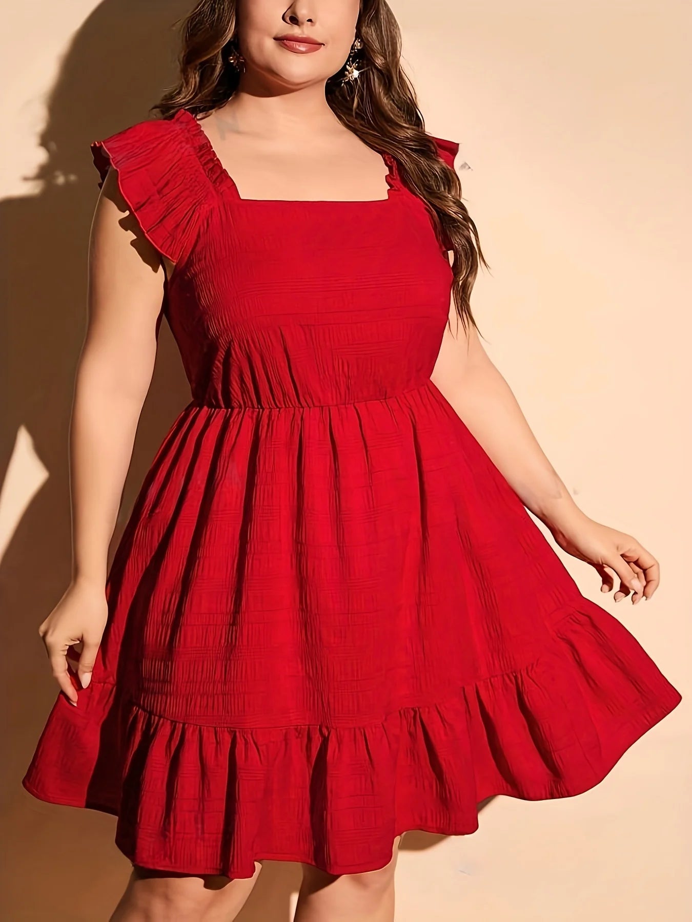 Plus Size Summer Women Elegant Dress Casual Vacation Vintage Solid Square Collar Ruffle Dresses