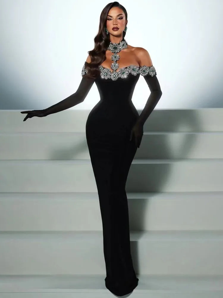 Summer Bandage Dress 2025 Women Celebrity Sexy Diamonds Crystal Black Maxi Long Bodycon Elegant Evening Club Party Dress