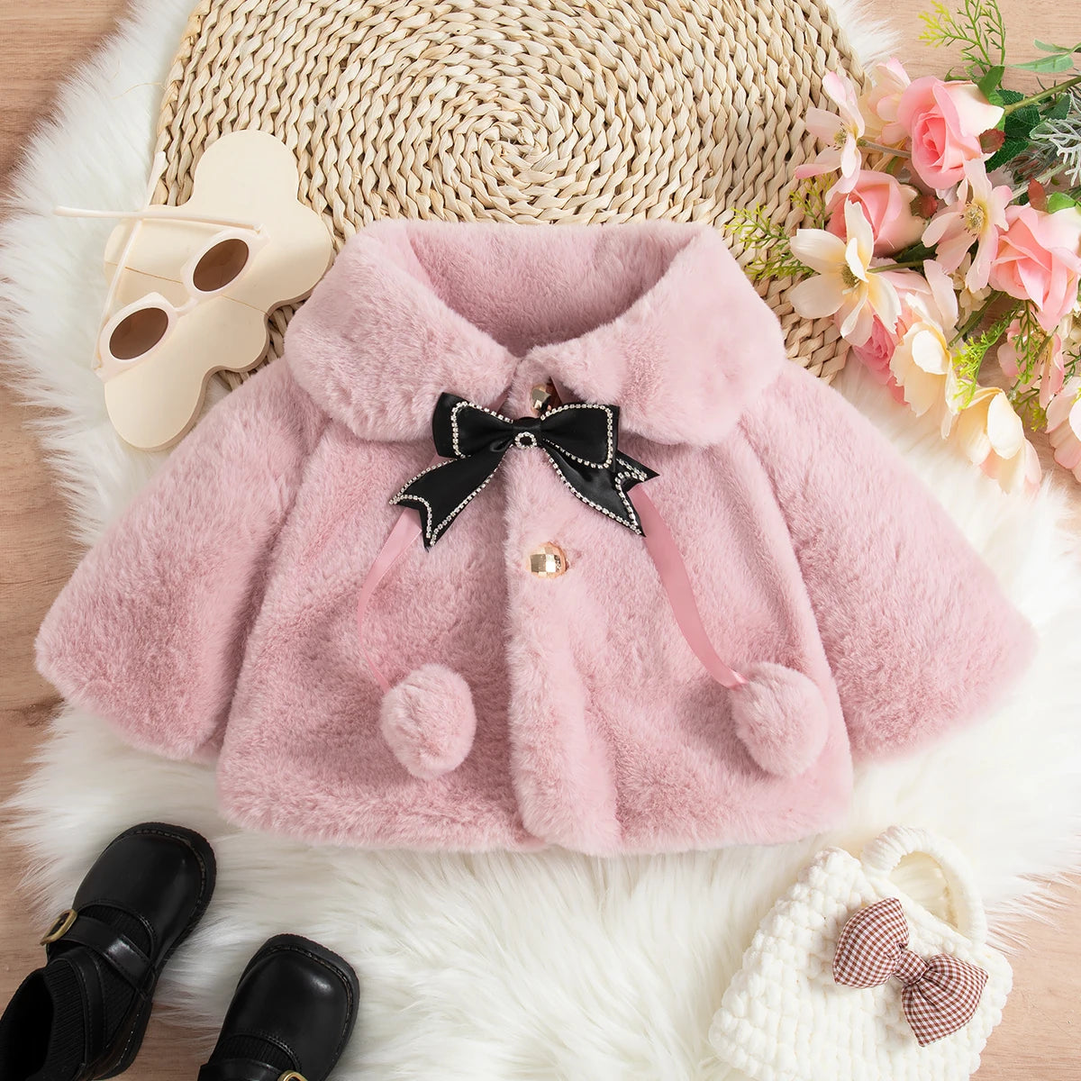 Girls' top coat cotton coat bow pearl ball coat winter new lapel long sleeve warm thick coat solid color girls' winter coat